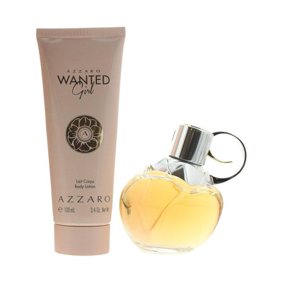 Travel-exclusive Azzaro Wanted Girl fragrance set featuring an ornate perfume bottle with a flower cap and a complementary body lotion. - Azzaro - -