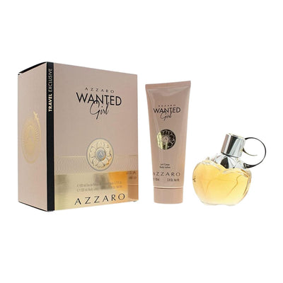 "Azzaro Wanted Girl perfume set including a golden-toned perfume bottle and a matching body lotion tube, displayed beside its beige and gold box." - Azzaro - -