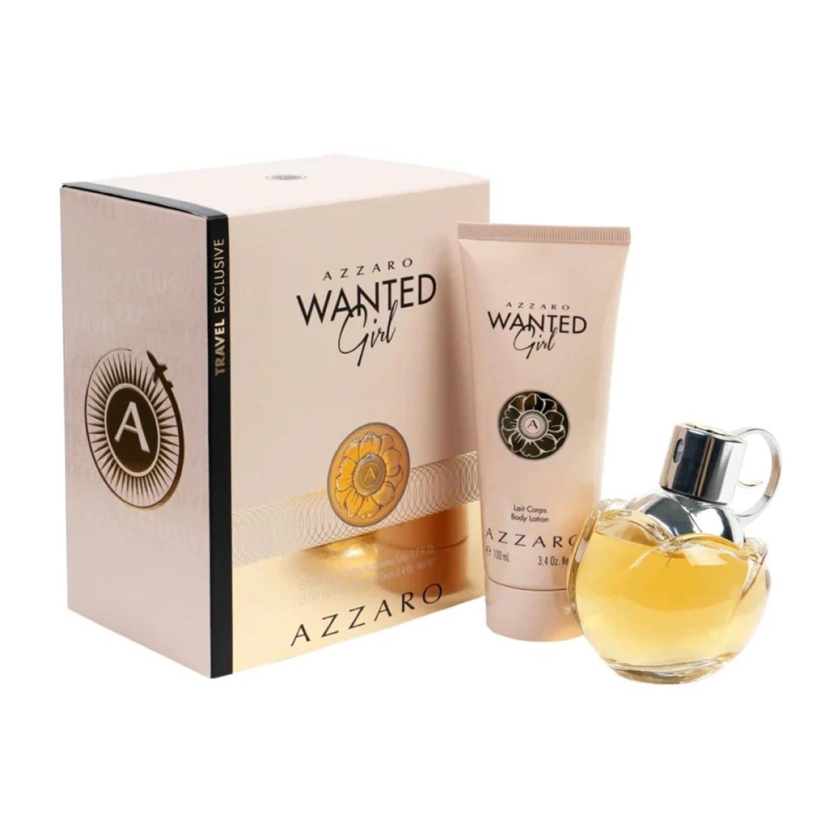 Chic Azzaro Wanted Girl fragrance collection, showcasing a unique floral-inspired perfume bottle next to a sleek body lotion, in a luxurious package - Azzaro - -