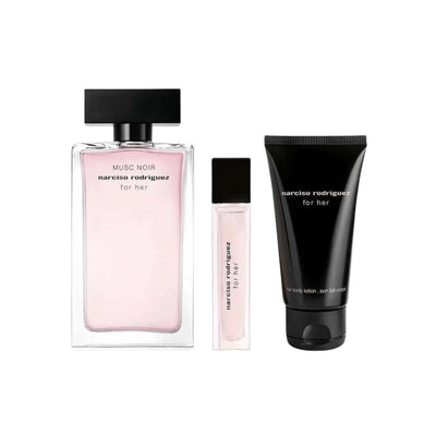 Elegant bottle of Narciso Rodriguez Musc Noir For Her Eau de Parfum, revealing a translucent design with a delicate pink hue and iconic black cap - Narciso Rodriguez - -