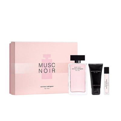 Elegant bottle of Narciso Rodriguez Musc Noir For Her Eau de Parfum, revealing a translucent design with a delicate pink hue and iconic black cap - Narciso Rodriguez - -