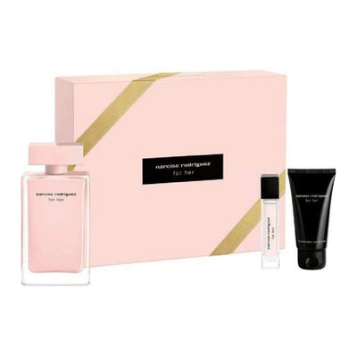 omplete Musc Noir For Her Gift Set by Narciso Rodriguez showcasing the perfume, body lotion, and travel spray in a sophisticated pink and gold package - Narciso Rodriguez - -